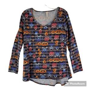 LuLaRoe Lynnae T-shirt Women’s M Gray Orange Southwestern Western Long Sleeve